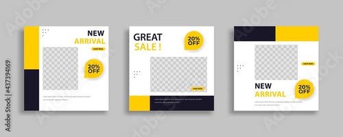 Set of Editable minimal square banner template. Blue yellow white background color with geometric shapes for social media post and web internet ads. Vector illustration