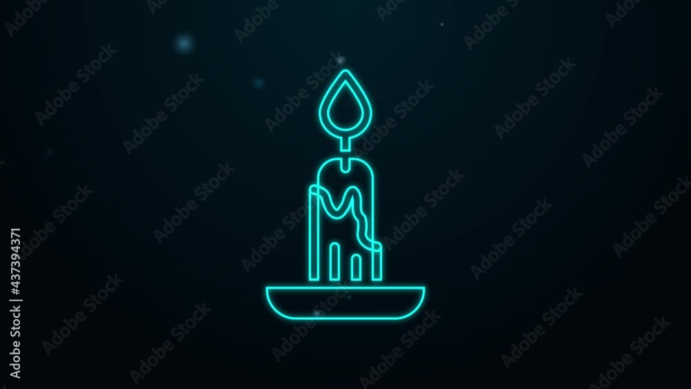 Glowing neon line Burning candle icon isolated on black background. Cylindrical candle stick with burning flame. 4K Video motion graphic animation Glowing neon line Burning candle icon isolated on black background. Cylindrical candle stick with burning flame. 4K Video motion graphic animation