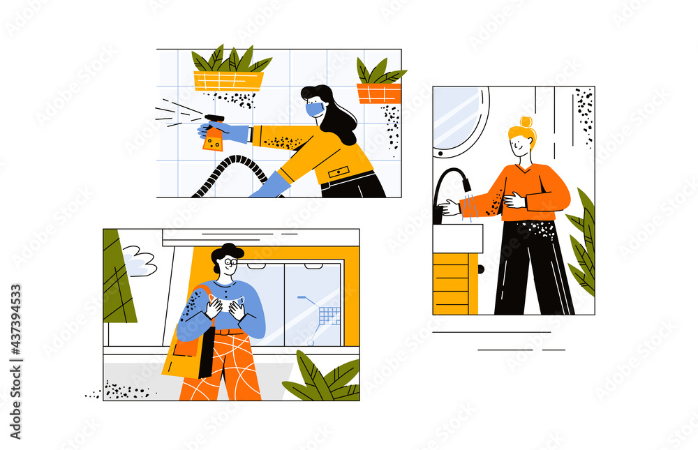 Compliance with hygiene against coronavirus. A girl wears a face mask in a public place. A woman in a mask conducts disinfection with gloves. 3 effective ways to prevent COVID-19.