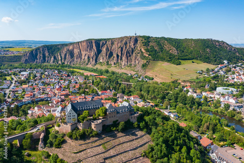 Bird's eye view of the village of Ebernburg with the castle and the great Rotenfels in the background  photo