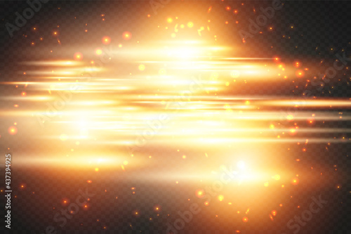 Yellow horizontal lens flares pack. Laser beams, horizontal light rays.Beautiful light flares. Glowing streaks on dark background. Luminous abstract sparkling lined background.
