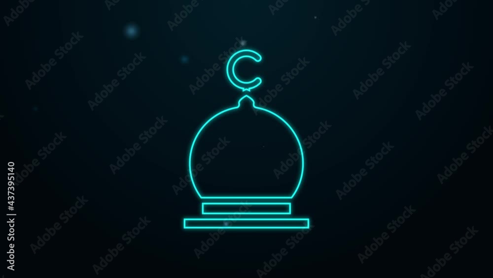 Glowing neon line Muslim Mosque icon isolated on black background. 4K Video motion graphic animation Glowing neon line Muslim Mosque icon isolated on black background. 4K Video motion graphic animation