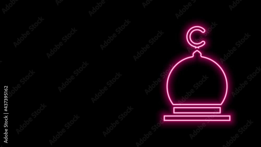 Glowing neon line Muslim Mosque icon isolated on black background. 4K Video motion graphic animation Glowing neon line Muslim Mosque icon isolated on black background. 4K Video motion graphic animation