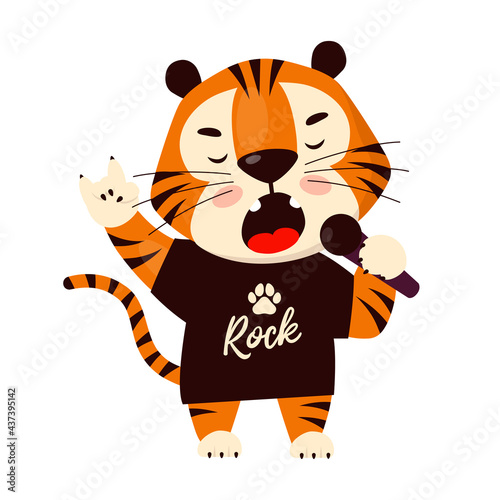Cute cartoon tiger in black t-shirt singing and rocking. Symbol of 2022, year of the tiger. Vector illustration isolated on white background