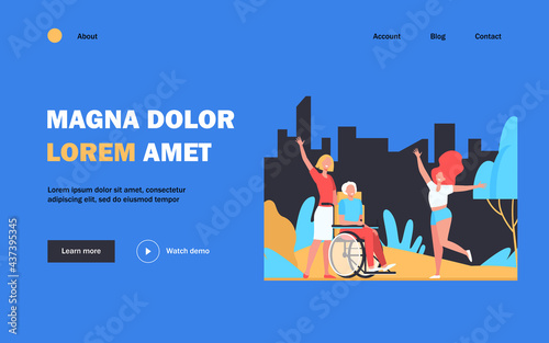 Old man meeting with family. Wheelchair, daughter, granddaughter flat vector illustration. Generations, elderly care, togetherness concept for banner, website design or landing web page