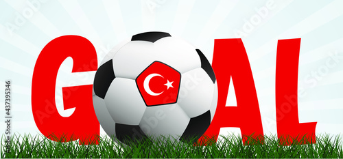 Slogan goal with football with flag of Turkey, turkish on green soccer grass field. Vector background banner. Sport finale wk, ek or school, sports game cup. 
