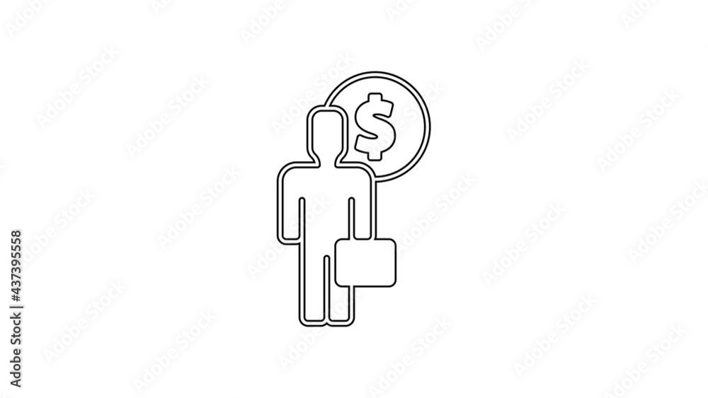 Black line Business man planning mind icon isolated on white background. Human head with dollar. Idea to earn money. Business investment growth. 4K Video motion graphic animation