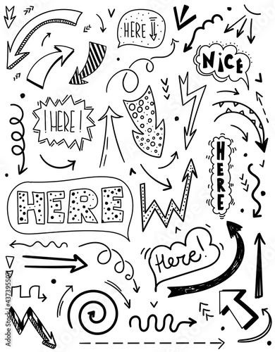 Doodle set of speech bubbles and arrows in comic hand drawn style. dialog windows with phrase here.