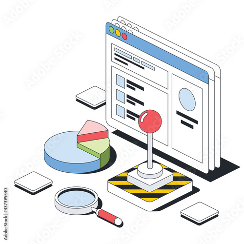 Computer window and charts, investments, control panel, settings and options. Vector 3d line isometric, color web icons, new flat style. Creative design idea for infographics.