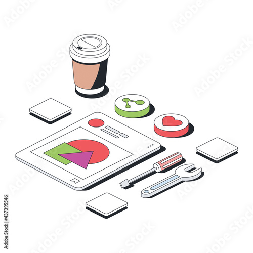 Coffee, social network, tools screwdriver and wrench. Vector 3d line isometric, color web icons, new flat style. Creative design idea for infographics.