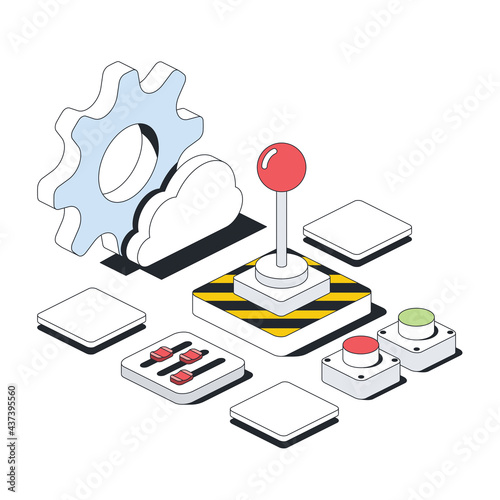 Cogwheel cloud technology, remote control, stop and start button, settings and options. Vector 3d line isometric, color web icons, new flat style. Creative design idea for infographics.