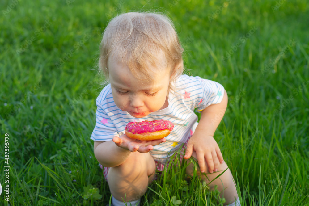 Picnic in the summer for children. Cute baby girl 2 years old eats a sweet pink donut in the summer in a green meadow Picnic in the summer for children. Cute baby girl 2 years old eats a sweet pink donut in the summer in a green meadow