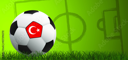 Football with the flag of Turkey, turkish on green soccer grass field. Vector background banner. Sport finale or school, sports game cup. Summer, spring time, Street ball games. 2021