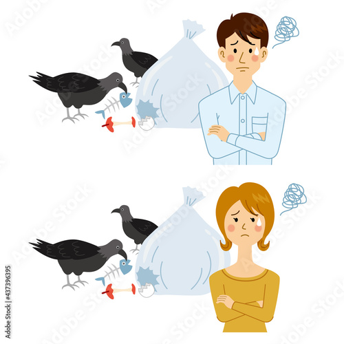 カラスにゴミを荒らされる男女