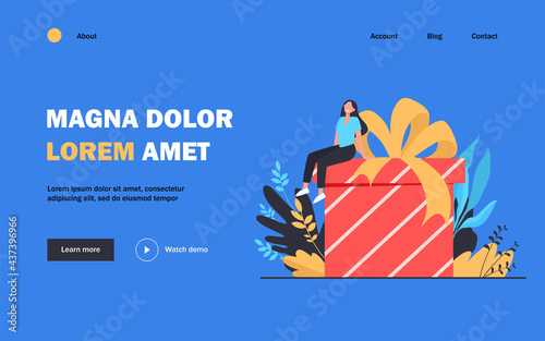 Happy woman receiving gift. Tiny cartoon character sitting on huge present box with bow flat vector illustration. Birthday, surprise, Christmas concept for banner, website design or landing web page