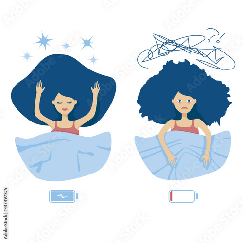 Good sleep and insomnia woman character concept. Happy girl with sweet dreams in bed and emaciated sleepless lady with falling asleep problem. Full and poor battery charging illustration