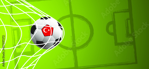 Ball in goal with the flag of Turkey, turkish. Soccer on green football grass field. Vector background banner. wk, ek play model. Sport finale or school, sports game cup. Street ball games. 2021 © MarkRademaker