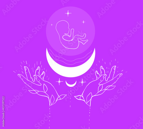 Fantastic birth of a baby child with the help of magic hands the baby matures in the womb, the glow of magic signs symbols. Vector graphics 