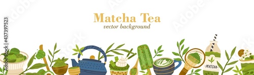 Web banner template with matcha food and drinks border on white background. Backdrop with green organic Japanese powder, natural leaves, tea, coffee, ice-cream, and whisk. Flat vector illustration