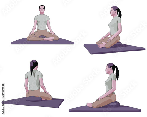 Woman Meditating with Good Posture on a Zafu Cushion from different angles Vector Graphic with Outlines