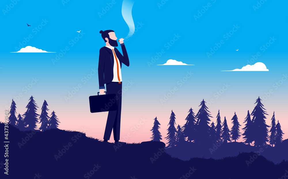 Businessman taking a break from it all - Man in suit standing in forest smoking cigarette. Stress down concept. Vector illustration.