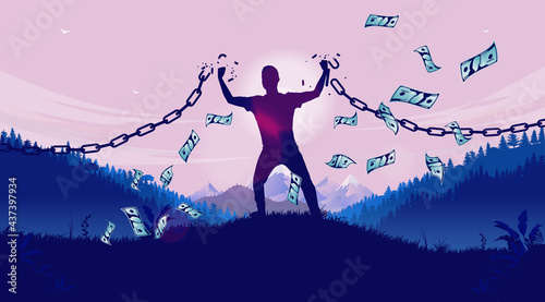 Reaching financial freedom - Male person breaking chains and achieving money freedom. Free and independent concept. Vector illustration. photo