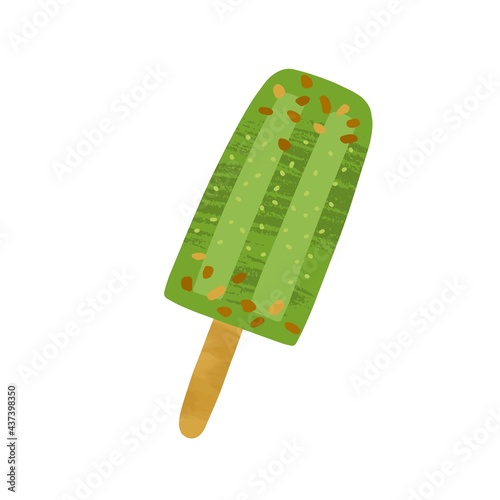 Matcha green tea icecream on wooden stick. Japanese organic ice-cream bar wit...