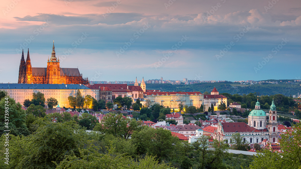 Prague. Panoramic aerial cityscape image of Prague, capital city of Czech Republic with St. Vitus Cathedral and Castle District during summer sunset.