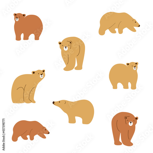 Vector set of cute drawn bears. Bears in different poses. Beige bear  brown bear. A family of bears  a flock of bears. Bear pattern. Coloring book  textiles  wallpaper  cartoon.