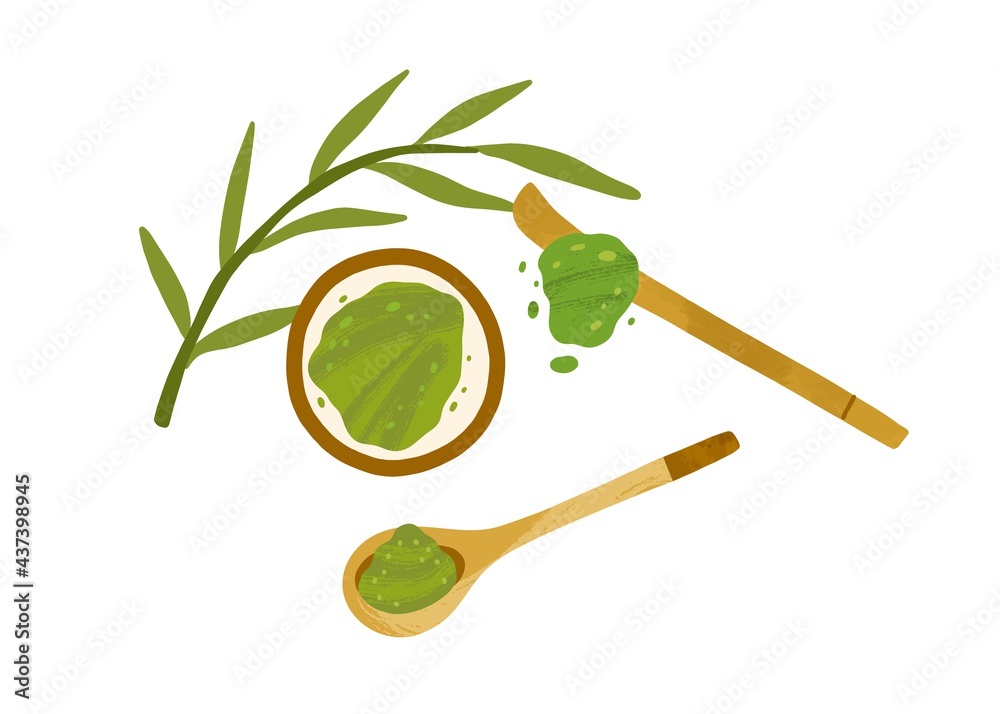 Japanese green matcha powder in bowl with leaves and wooden spoon and stick. Organic natural ingredient. Vegan Asian superfood. Colored flat vector illustration isolated on white background Japanese green matcha powder in bowl with leaves and wooden spoon and stick. Organic natural ingredient. Vegan Asian superfood. Colored flat vector illustration isolated on white background