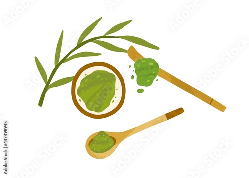 Japanese green matcha powder in bowl with leaves and wooden spoon and stick. Organic natural ingredient. Vegan Asian superfood. Colored flat vector illustration isolated on white background