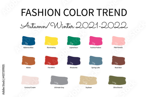 Fashion Color Trend Autumn Winter 2021 - 2022. Trendy colors palette guide. Brush strokes of paint color with names swatches. Easy to edit vector template for your creative designs