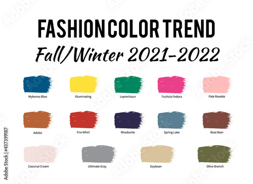 Fashion Color Trend Autumn Winter 2021 - 2022. Brush strokes of paint color with names swatches. Trendy colors palette guide. Easy to edit vector template for your creative designs