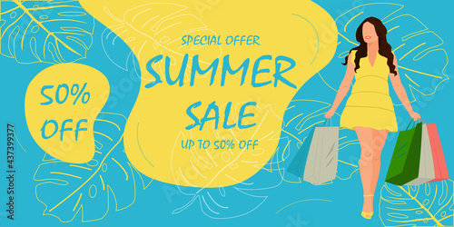 Summer sale banner with shopping woman. Vector illustration.
