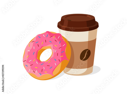 Colorful tasty pink donut and disposable paper coffee cup set. Glazed doughnut with hot beverage vector isolated illustration