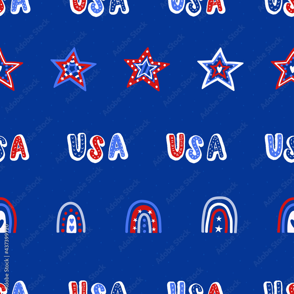 Cute hand drawn seamless pattern with doodle stars, letters and rainbows, patriotic background, great for 4th of July, textiles, banners, wrapping, wallpapers - vector design