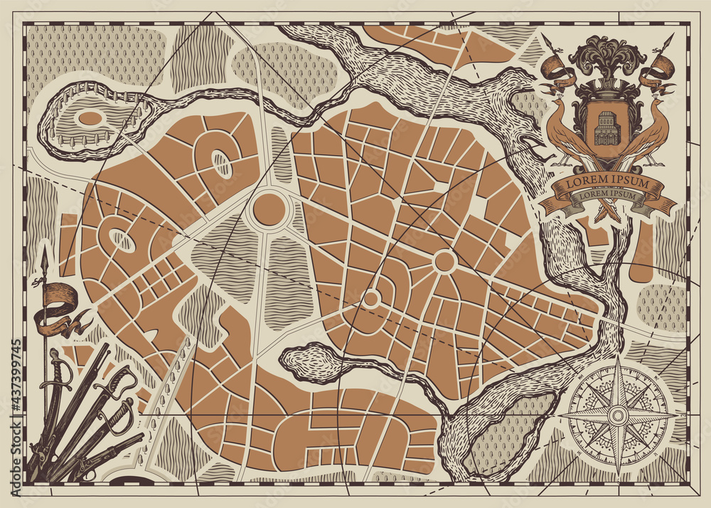 Obraz premium Vector abstract military map with ornate ancient coat of arms, compass sign, wind rose, old swords and sabers. Hand-drawn map of the area on an old paper background in retro style