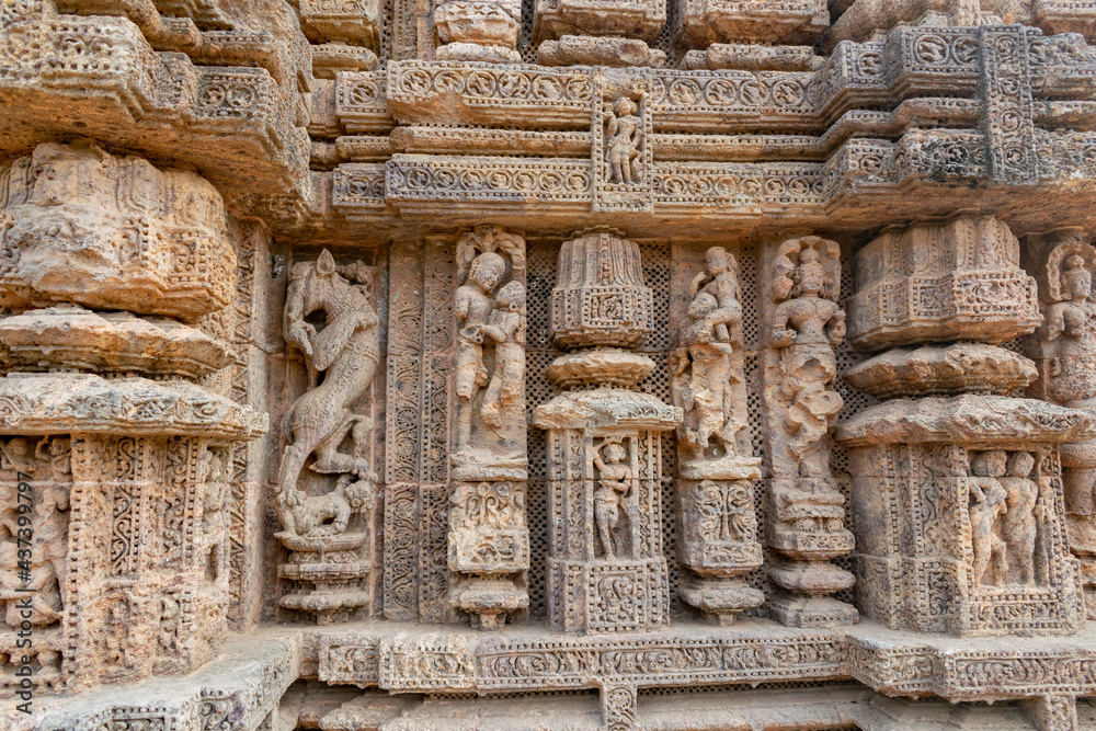 Close up of Kamasutra scenes on the wall of Konark sun temple, Odisha 