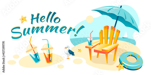 Sunbed with umbrella on the beach, soft drinks, seagulls, starfish, swimming circle. Summer beach. Summer poster. Vector illustration.