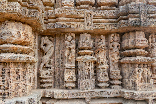 Close up of Kamasutra scenes on the wall of Konark sun temple, Odisha 