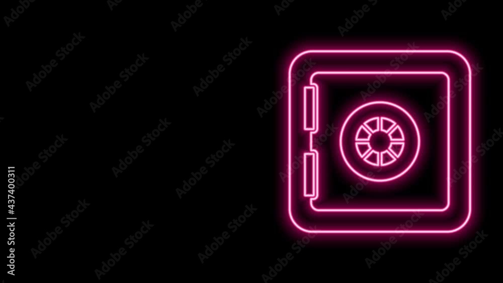 Glowing neon line Safe icon isolated on black background. The door safe a bank vault with a combination lock. Reliable Data Protection. 4K Video motion graphic animation