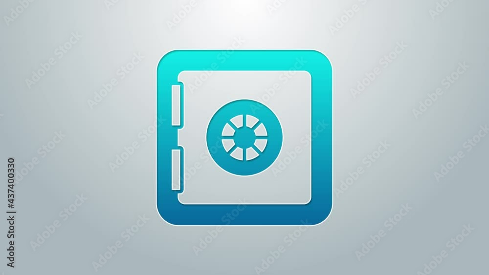 Blue line Safe icon isolated on grey background. The door safe a bank vault with a combination lock. Reliable Data Protection. 4K Video motion graphic animation Blue line Safe icon isolated on grey background. The door safe a bank vault with a combination lock. Reliable Data Protection. 4K Video motion graphic animation