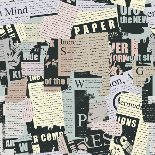 Abstract seamless pattern with a collage from newspaper and magazine clippings. Vector background with unreadable text, titles and illustrations. Suitable for Wallpaper, wrapping paper or fabric