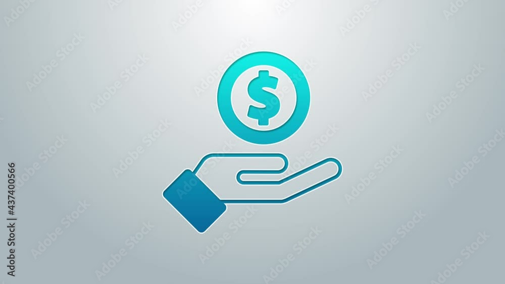 Blue line Human hand giving money icon isolated on grey background. Receiving money icon. 4K Video motion graphic animation Blue line Human hand giving money icon isolated on grey background. Receiving money icon. 4K Video motion graphic animation