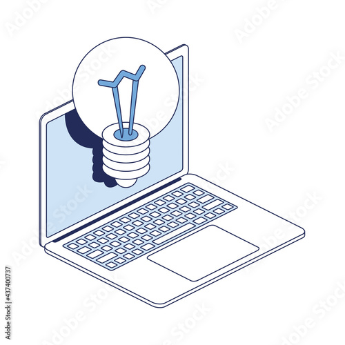 Idea lamp on laptop screen. Vector 3d line isometric, color web icons, new flat style. Creative design idea for infographics.
