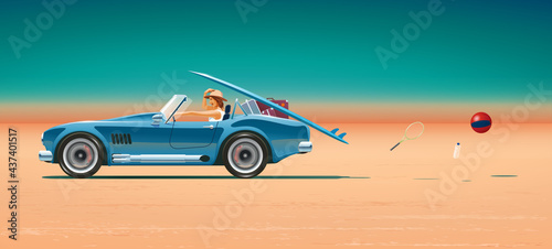 A girl on her way to another life. A car driving through the desert. Onward to a new life. Moving in a supercar. Open-top car. Blue sports car driving fast on the plain. Vector illustration EPS 10