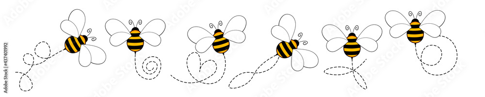 Set of cartoon bee mascot. A small bees flying on a dotted route. Wasp collection. Vector characters. Incest icon. Template design for invitation, cards. Doodle style - obrazy, fototapety, plakaty 