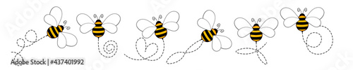 Set of cartoon bee mascot. A small bees flying on a dotted route. Wasp collection. Vector characters. Incest icon. Template design for invitation, cards. Doodle style