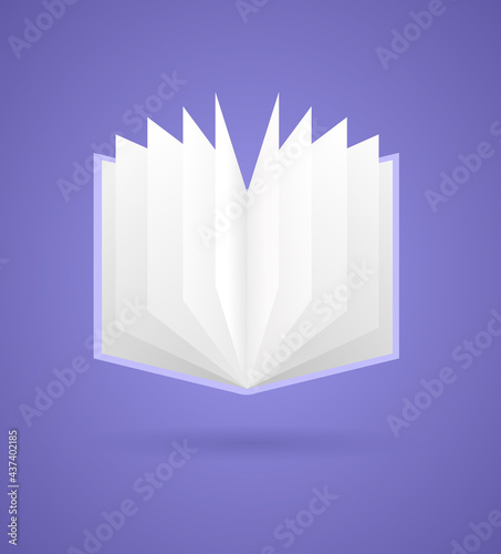 Open book with a purple cover. Book on the purple background. Education, office, library. Isolated vector illustration