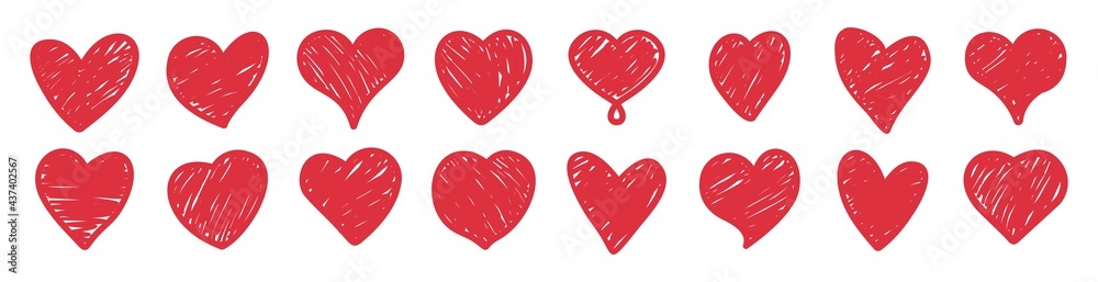 Heart doodles icon set, hand drawn love heart collection, vector illustration 